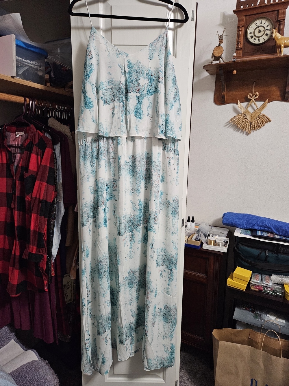 Mossimo White Maxi Dress with Teal Splash Print